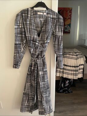 sass & bide Black and White Grid Wrap Dress with structured shoulders